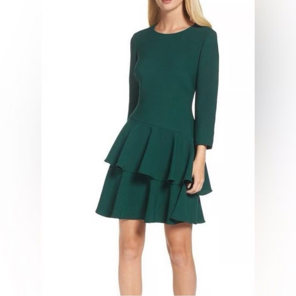 Eliza J Tiered Ruffle Knit Dress in Pine Green